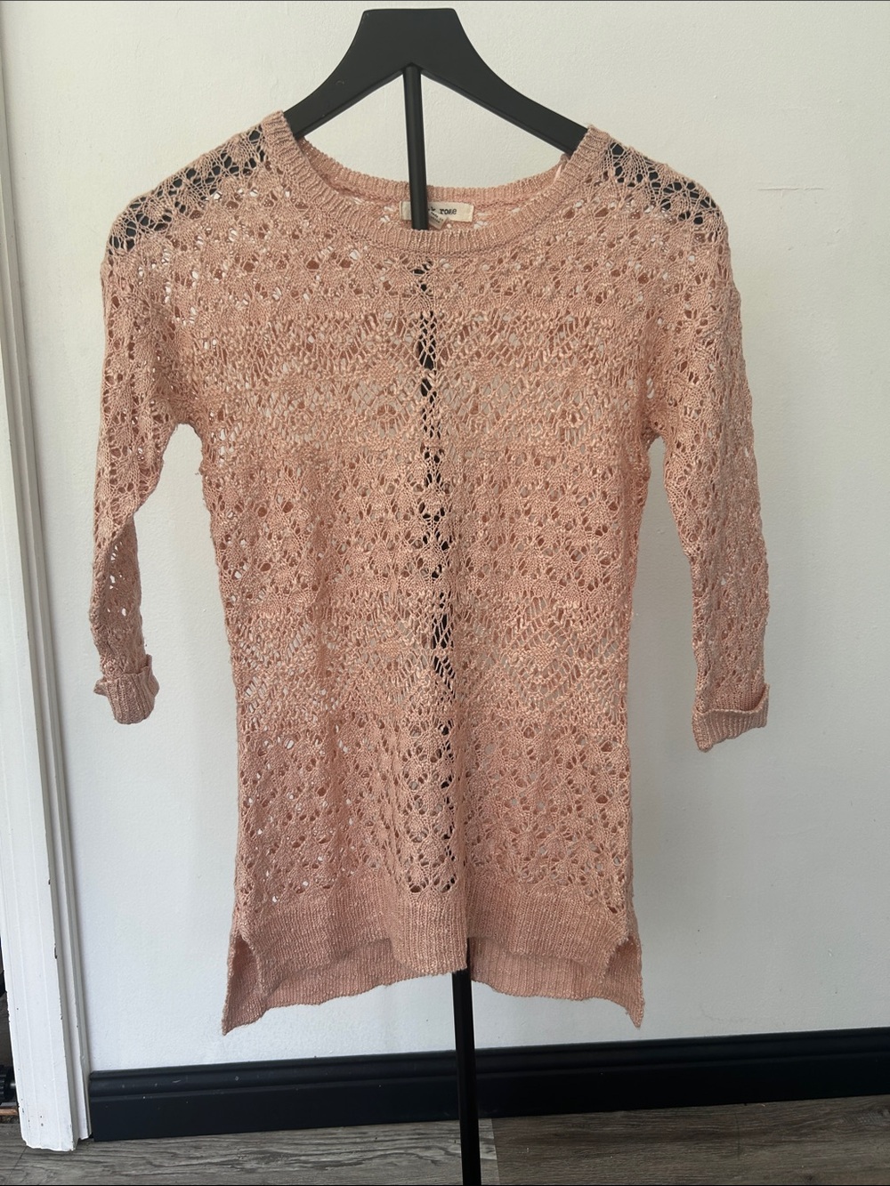 Pink Rose Blush Open-Knit Crewneck Sweater